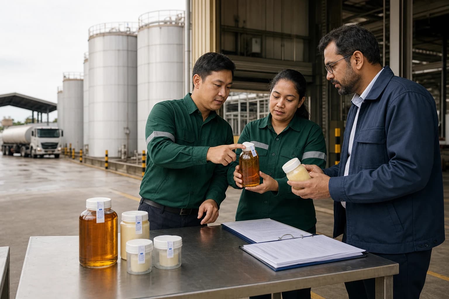A buyer, supplier and quality inspector reviewing palm oil samples at a refinery