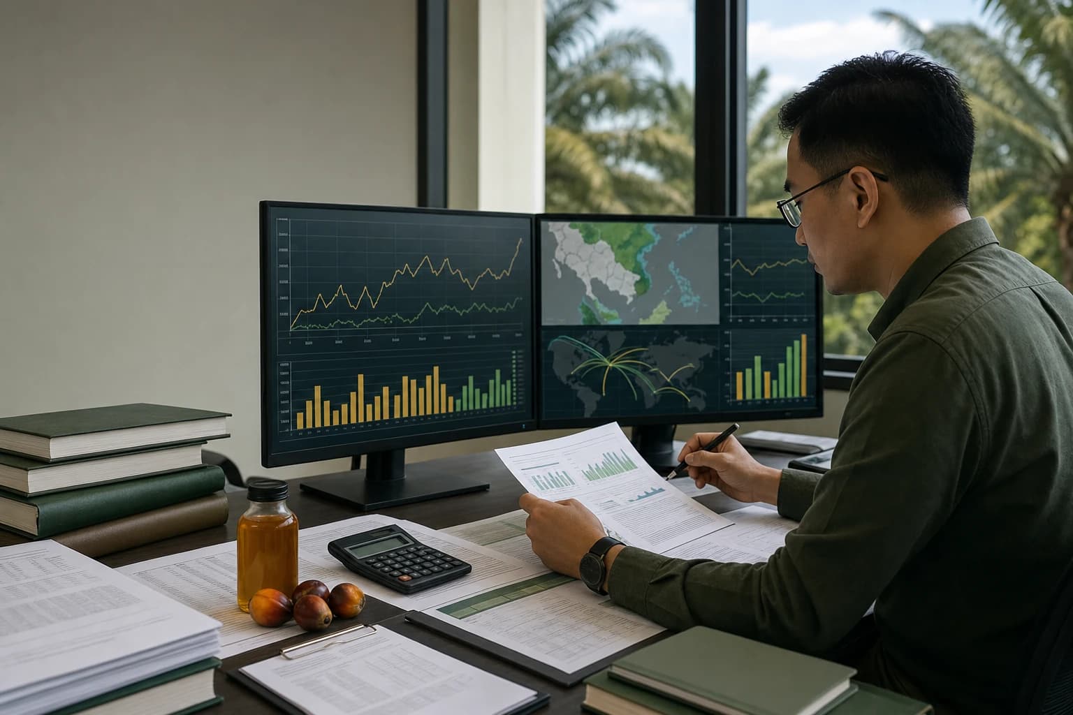 A palm oil market analyst comparing price, production, weather and trade evidence