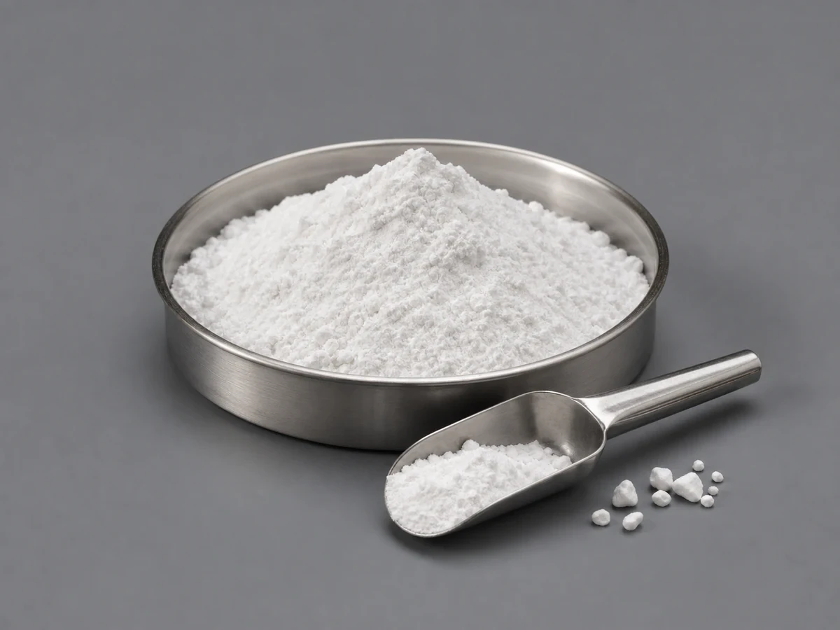 Fine white metallic stearate powder in a dish with a scoop