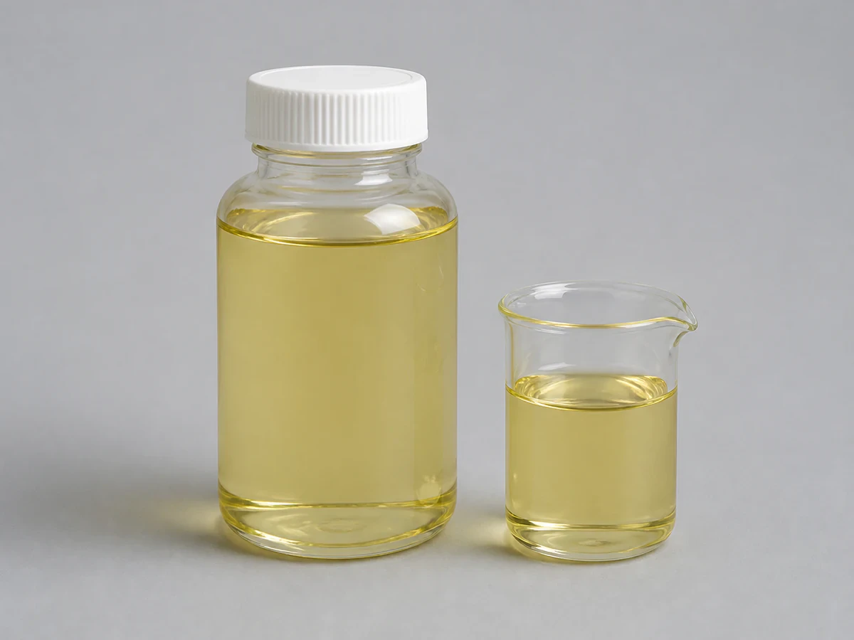 Pale-yellow liquid palm methyl esters in a laboratory sample bottle
