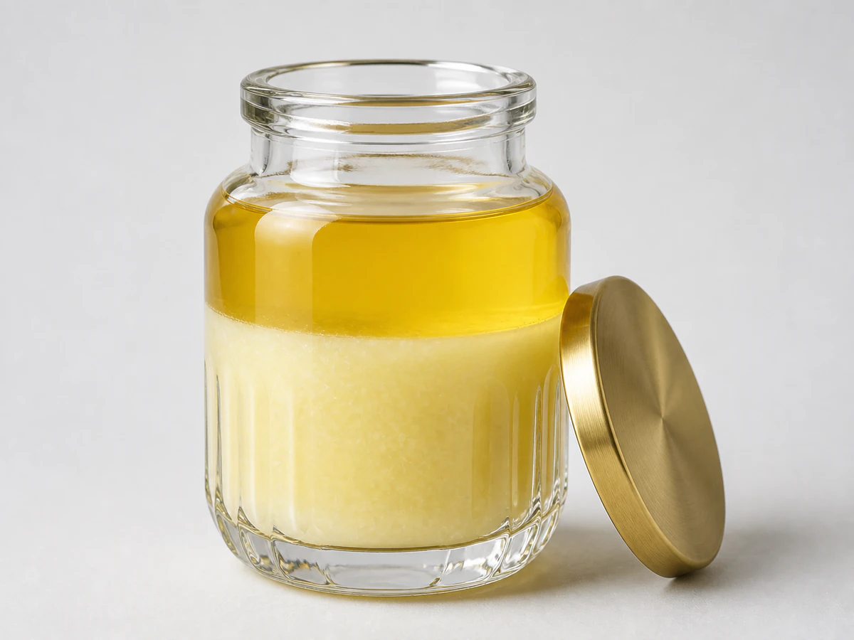 Clear glass jar of RBD palm oil showing golden liquid olein above pale semi-solid stearin